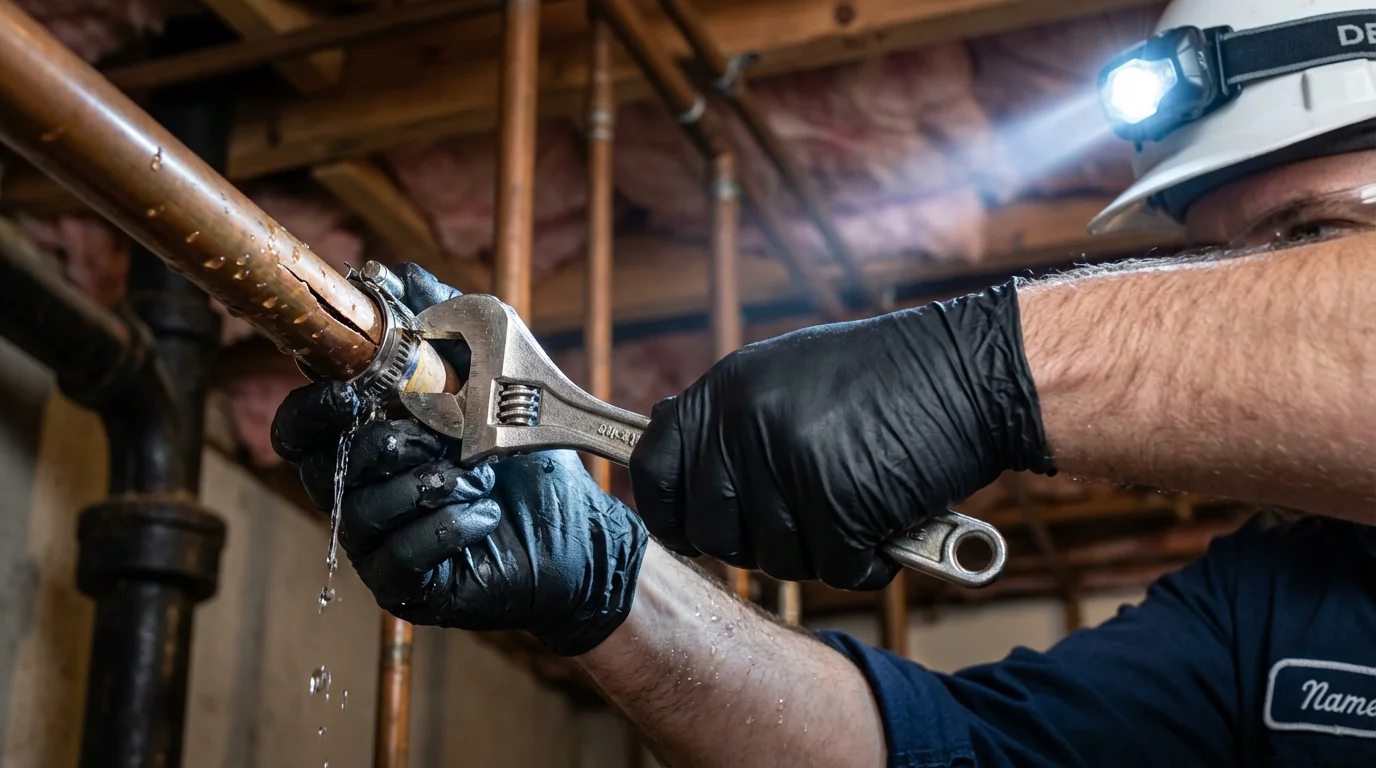 Emergency pipe clamp repair being performed by a Johns Plumbing LLC plumber in Okeechobee