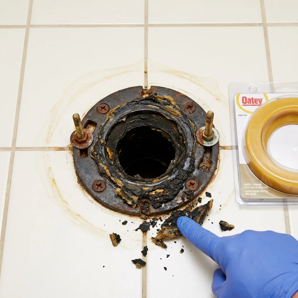 Failed wax ring showing water seepage at the base of a toilet in a Okeechobee, FL home