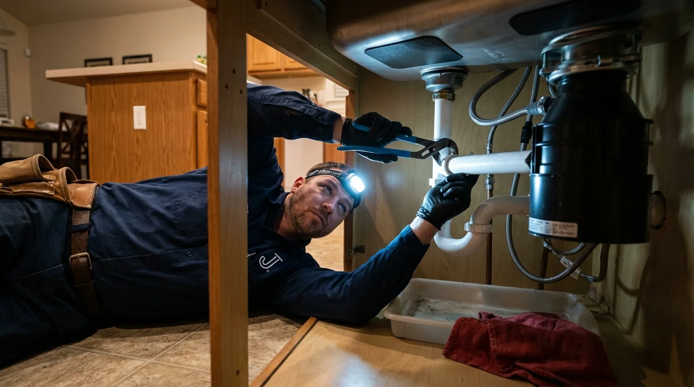 P-trap and supply line connections under a kitchen sink showing a common leak point in Okeechobee, FL